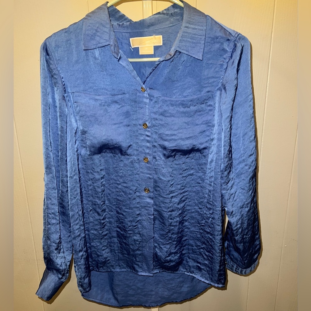 Michael Kors blue button up shirt w/gold buttons high front, low back size P